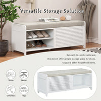 Distressed Shutter Storage Bench With Acacia Veneer For Retro Charm In Living Room And Entryway White