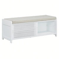 Distressed Shutter Storage Bench With Acacia Veneer For Retro Charm In Living Room And Entryway White