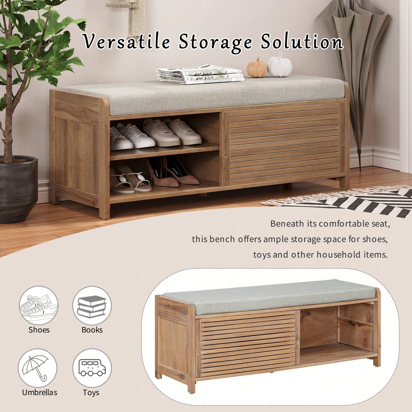 Distressed Shutter Storage Bench With Acacia Veneer For Retro Charm In Living Room And Entryway White