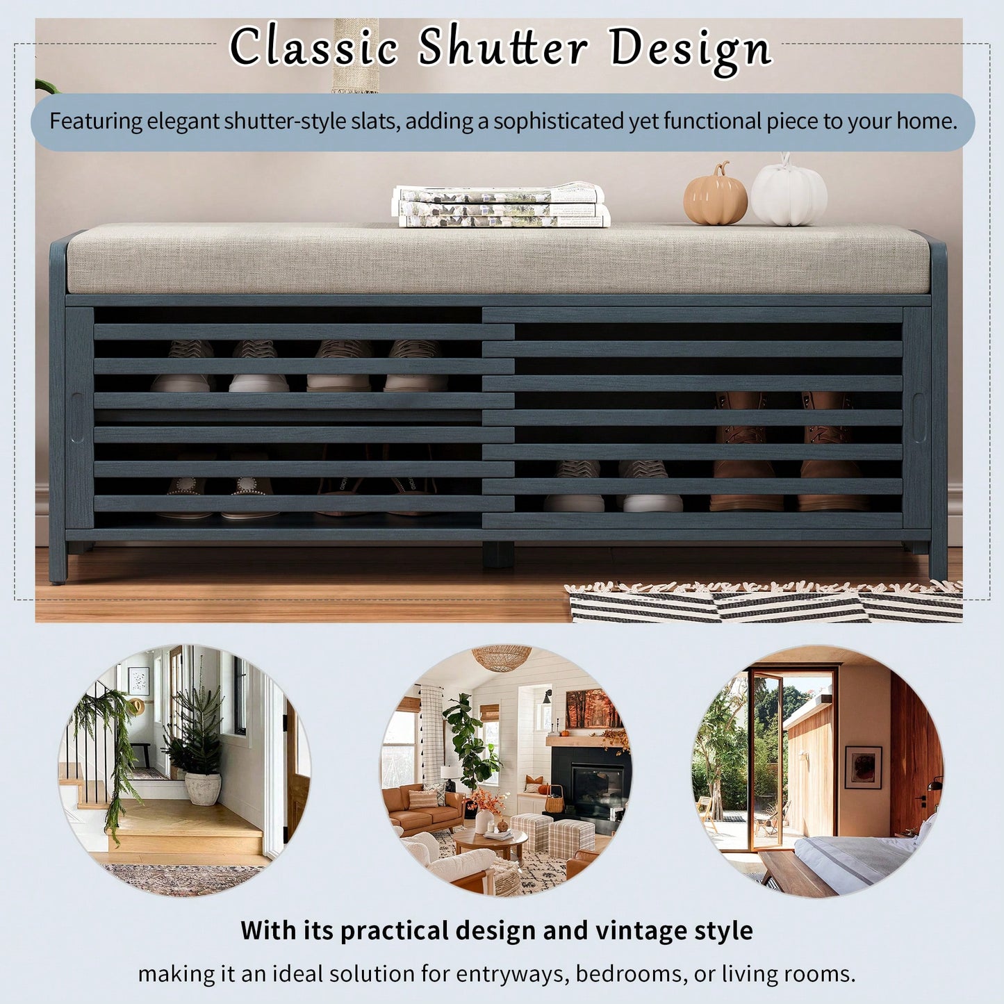 Distressed Shutter Storage Bench With Acacia Veneer For Retro Charm In Living Room And Entryway White