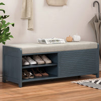 Distressed Shutter Storage Bench With Acacia Veneer For Retro Charm In Living Room And Entryway White