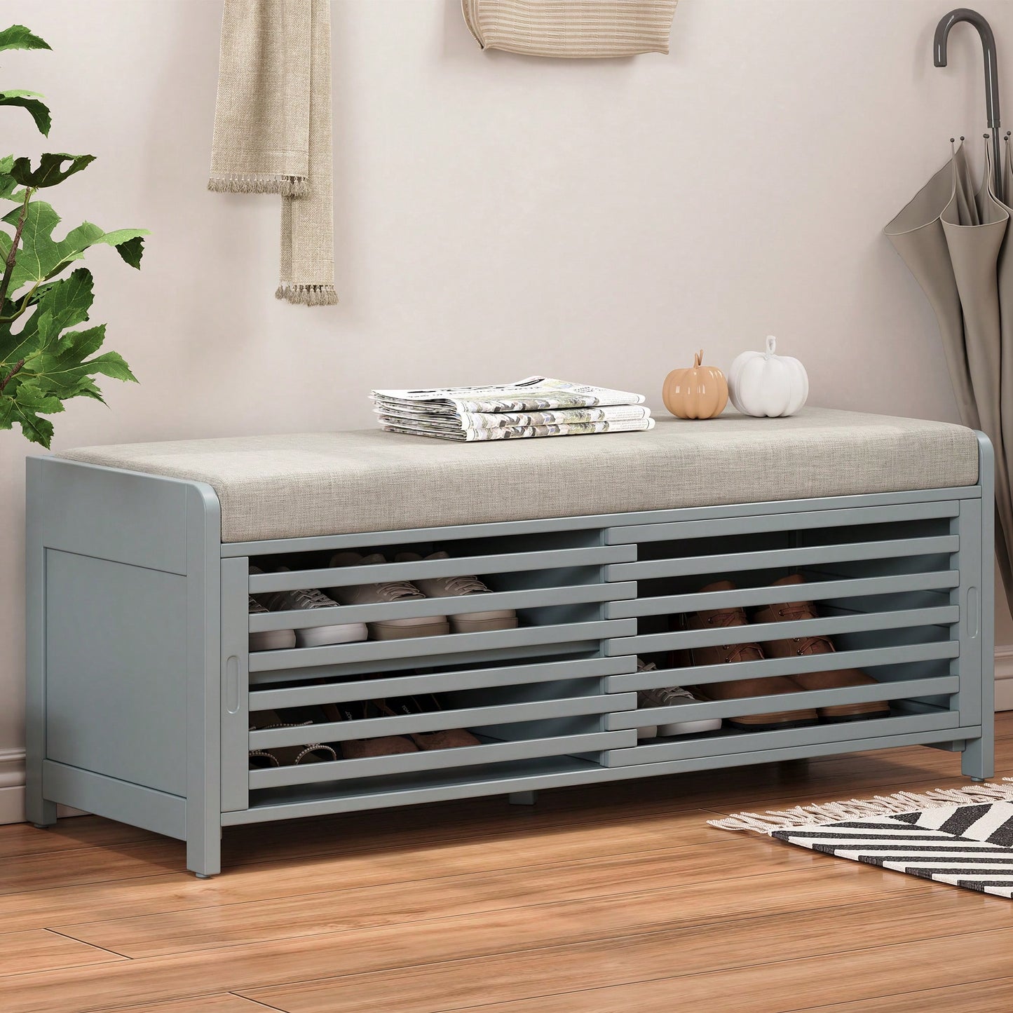 Distressed Shutter Storage Bench With Acacia Veneer For Retro Charm In Living Room And Entryway White