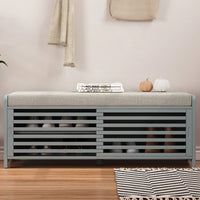 Distressed Shutter Storage Bench With Acacia Veneer For Retro Charm In Living Room And Entryway White