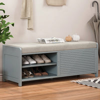 Distressed Shutter Storage Bench With Acacia Veneer For Retro Charm In Living Room And Entryway White