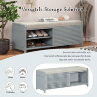 Distressed Shutter Storage Bench With Acacia Veneer For Retro Charm In Living Room And Entryway White