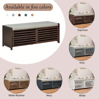 Distressed Shutter Storage Bench With Acacia Veneer For Retro Charm In Living Room And Entryway White