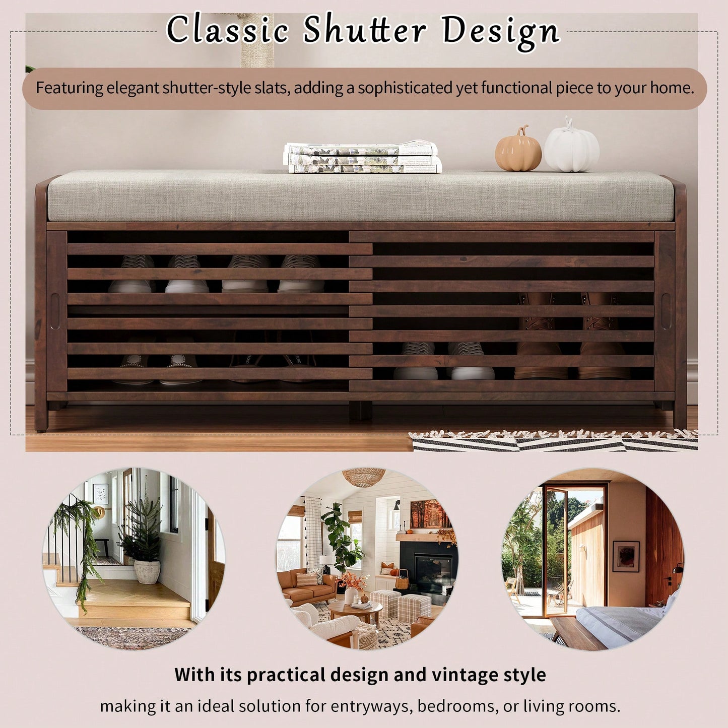 Distressed Shutter Storage Bench With Acacia Veneer For Retro Charm In Living Room And Entryway White