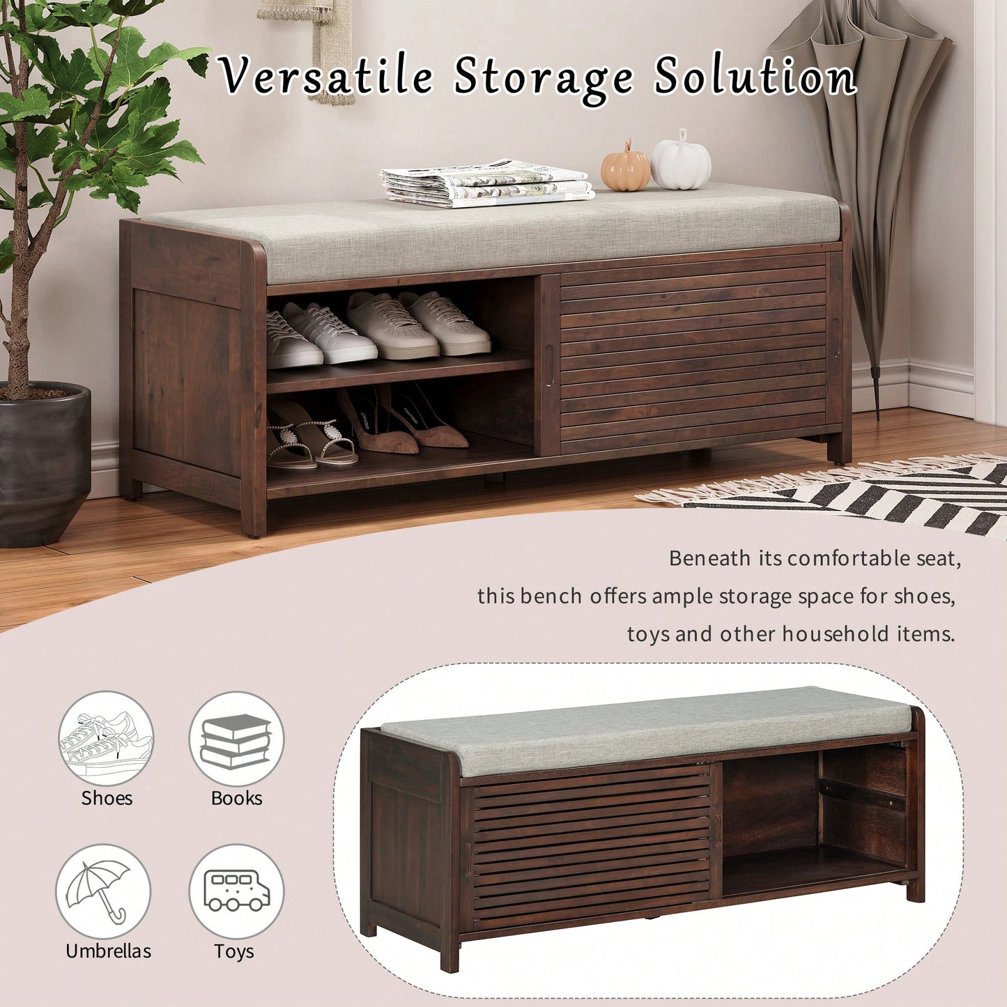 Distressed Shutter Storage Bench With Acacia Veneer For Retro Charm In Living Room And Entryway White