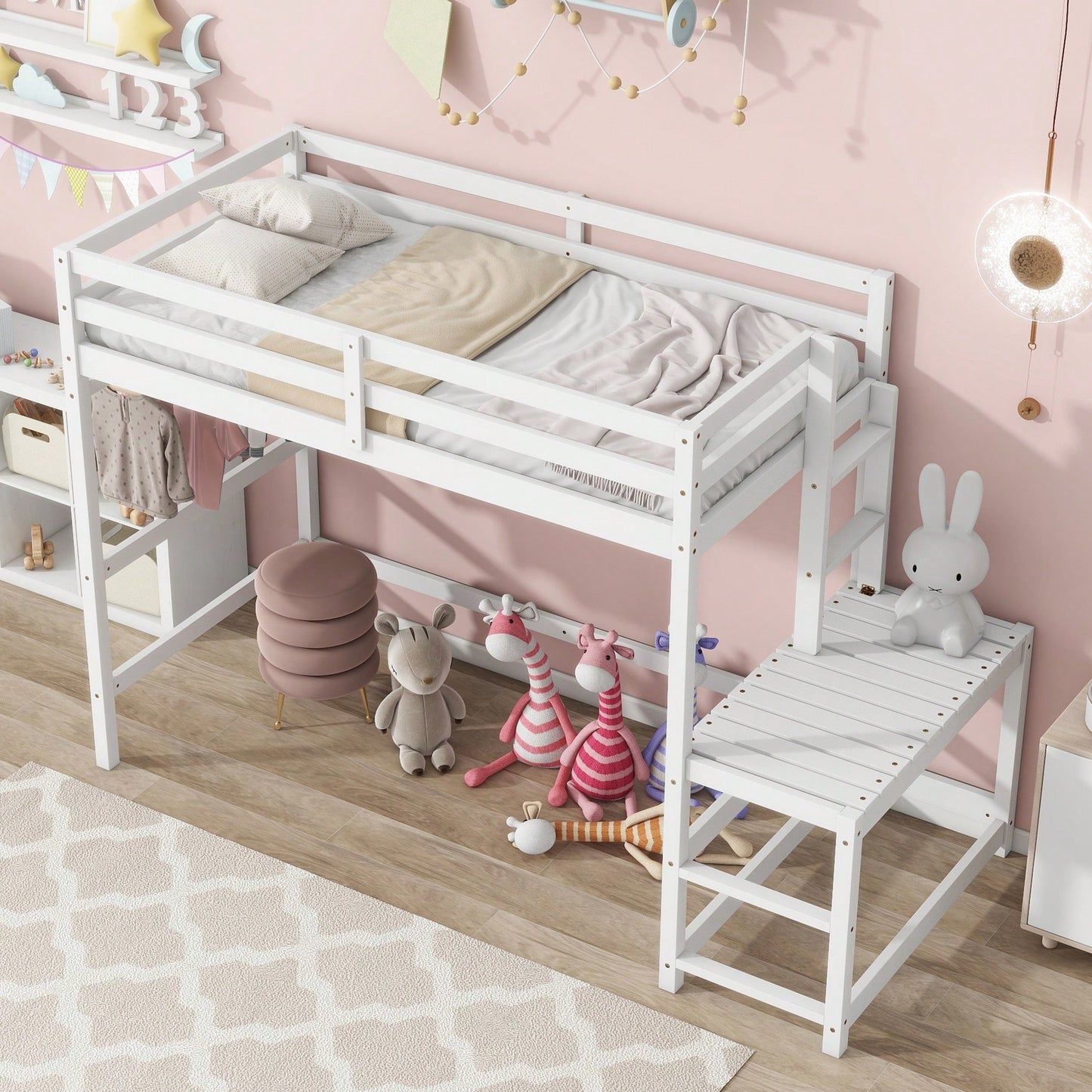 Twin High Loft Bed With Ladder And Guardrails In Grey Finish