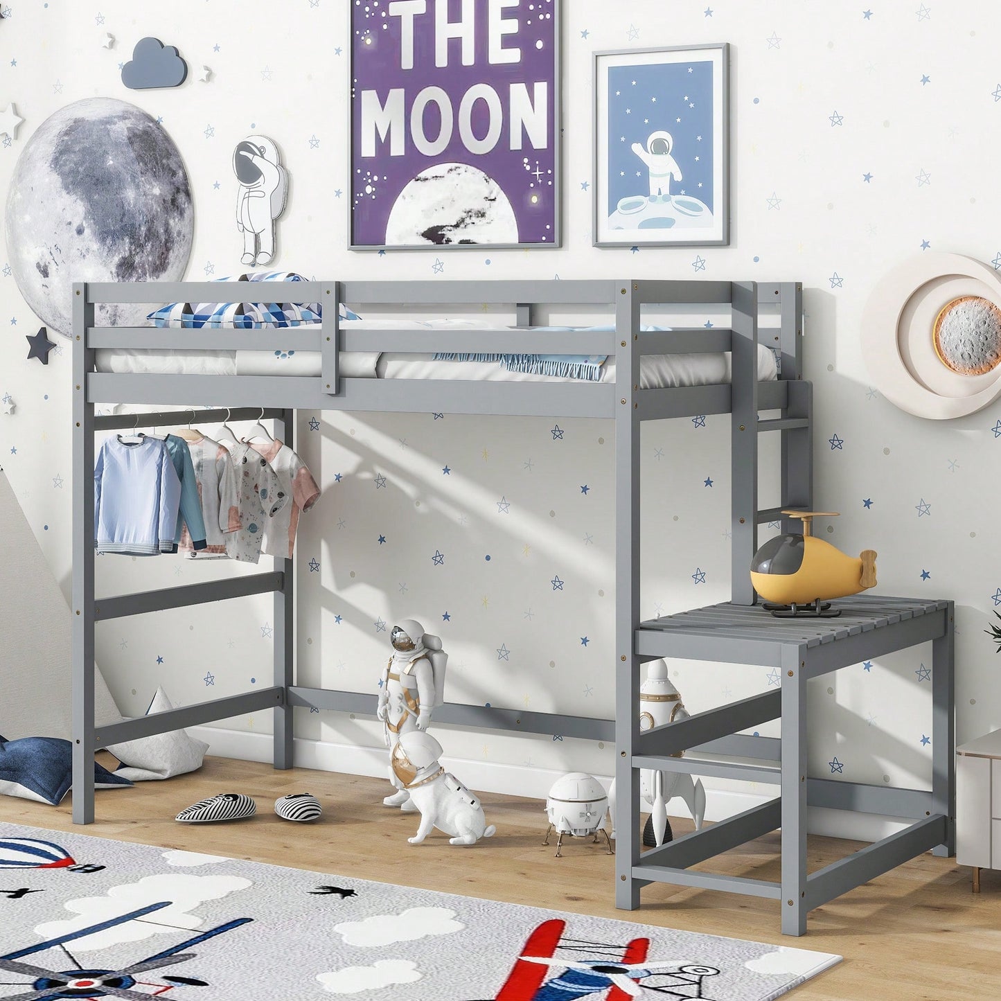 Twin High Loft Bed With Ladder And Guardrails In Grey Finish