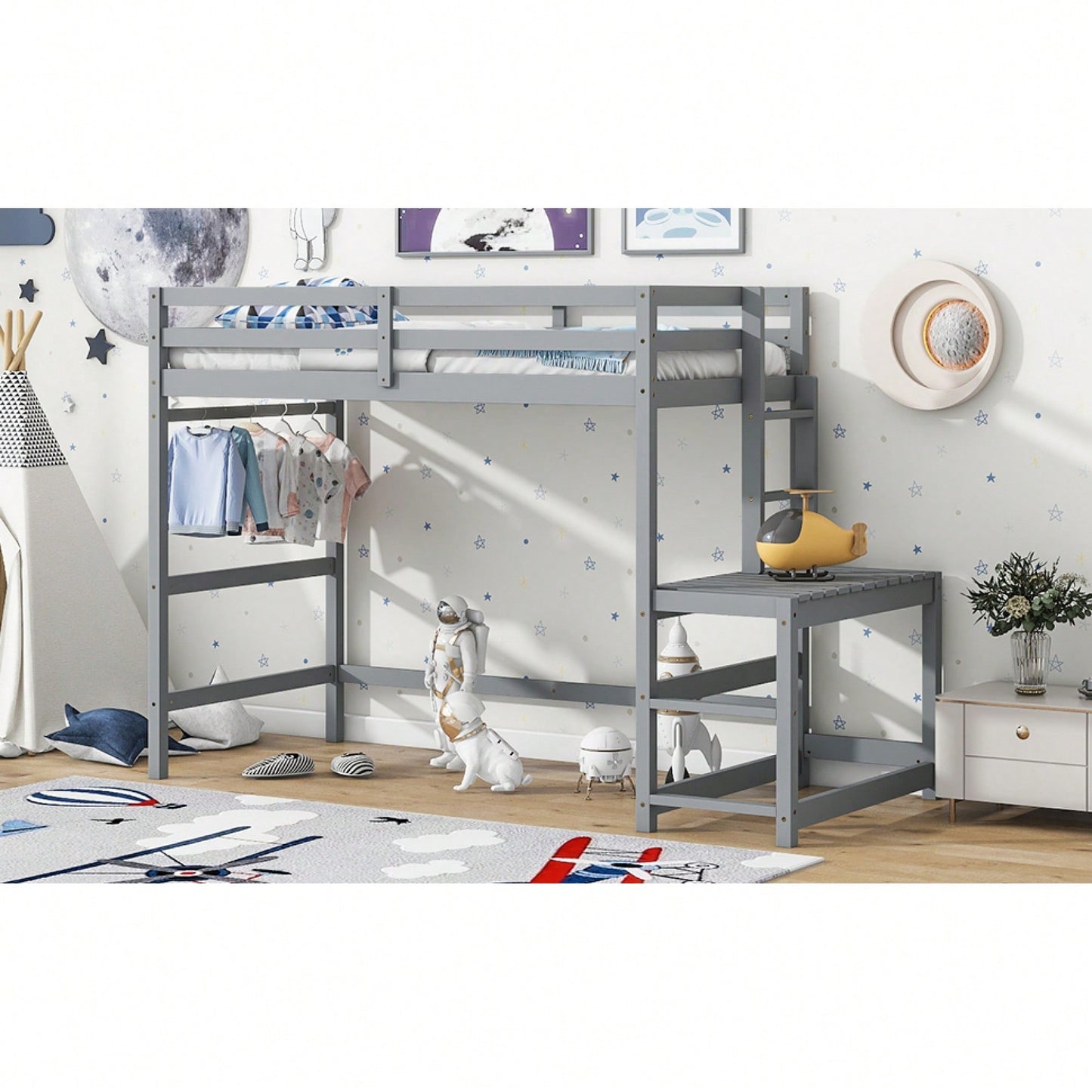 Twin High Loft Bed With Ladder And Guardrails In Grey Finish