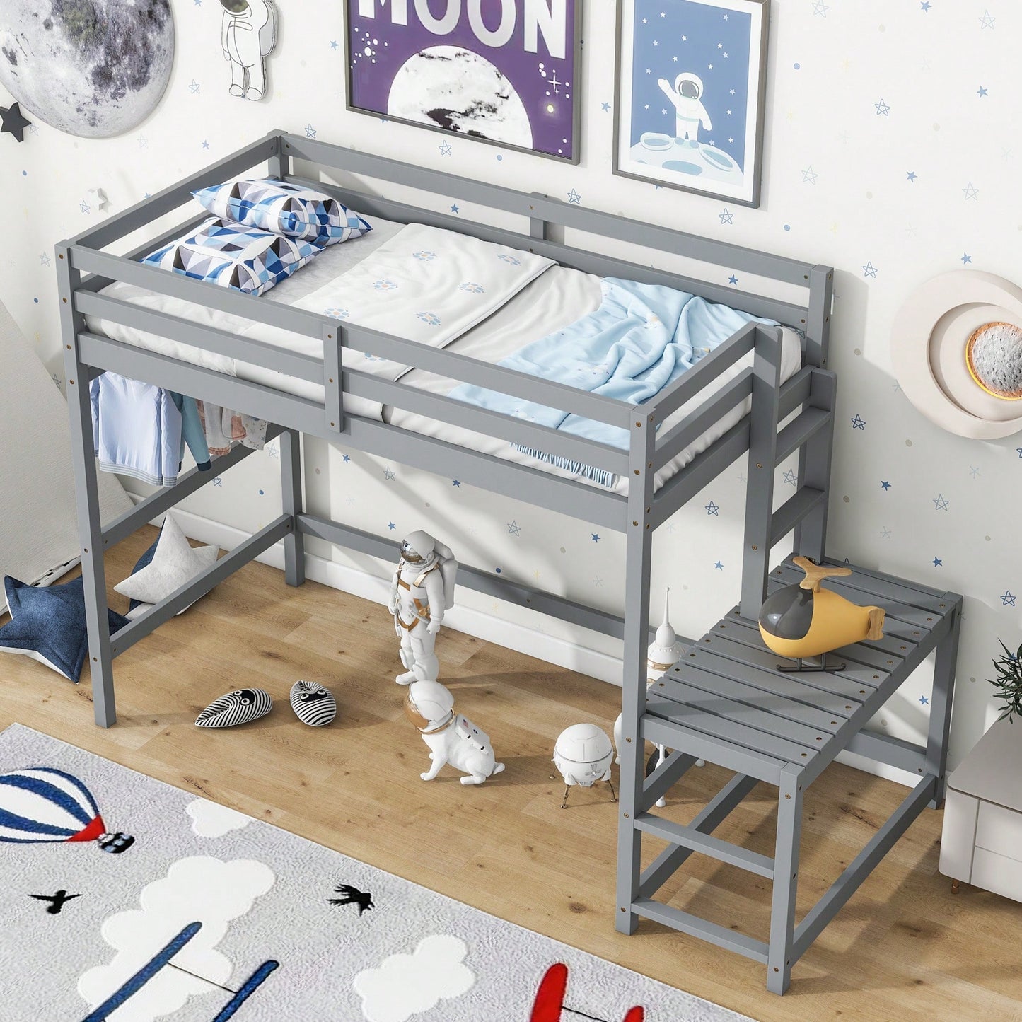 Twin High Loft Bed With Ladder And Guardrails In Grey Finish