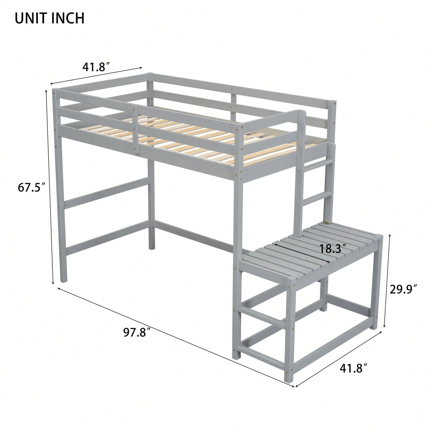 Twin High Loft Bed With Ladder And Guardrails In Grey Finish