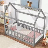 Twin House Bed With Safety Guardrails And Slats In Grey Finish