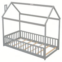 Twin House Bed With Safety Guardrails And Slats In Grey Finish