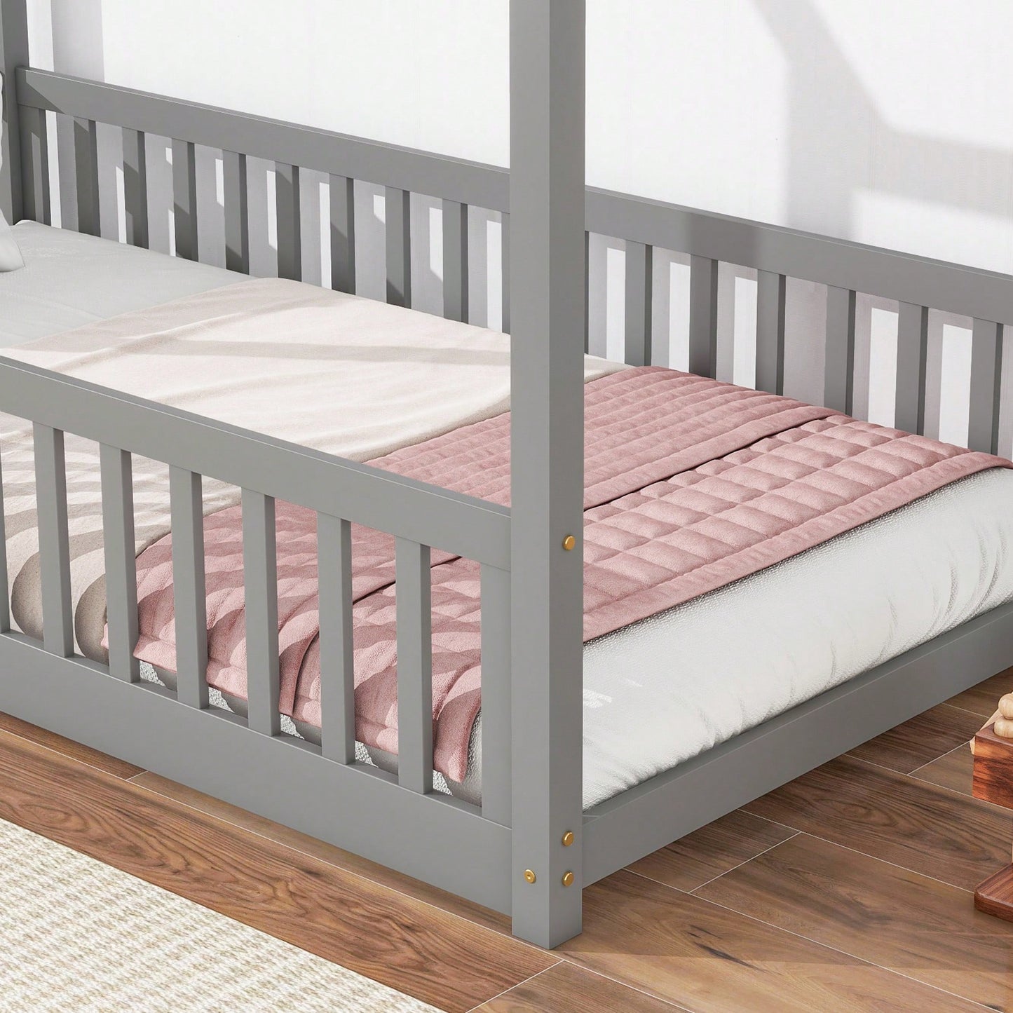 Twin House Bed With Safety Guardrails And Slats In Grey Finish