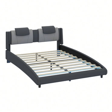 King Size Modern Faux Leather Platform Bed Frame With LED Lights And Adjustable Headboard No Box Spring Required Black