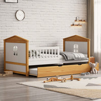 Twin House Shape Bed With Trundle And Safety Guardrails For Toddlers In Walnut And White Finish