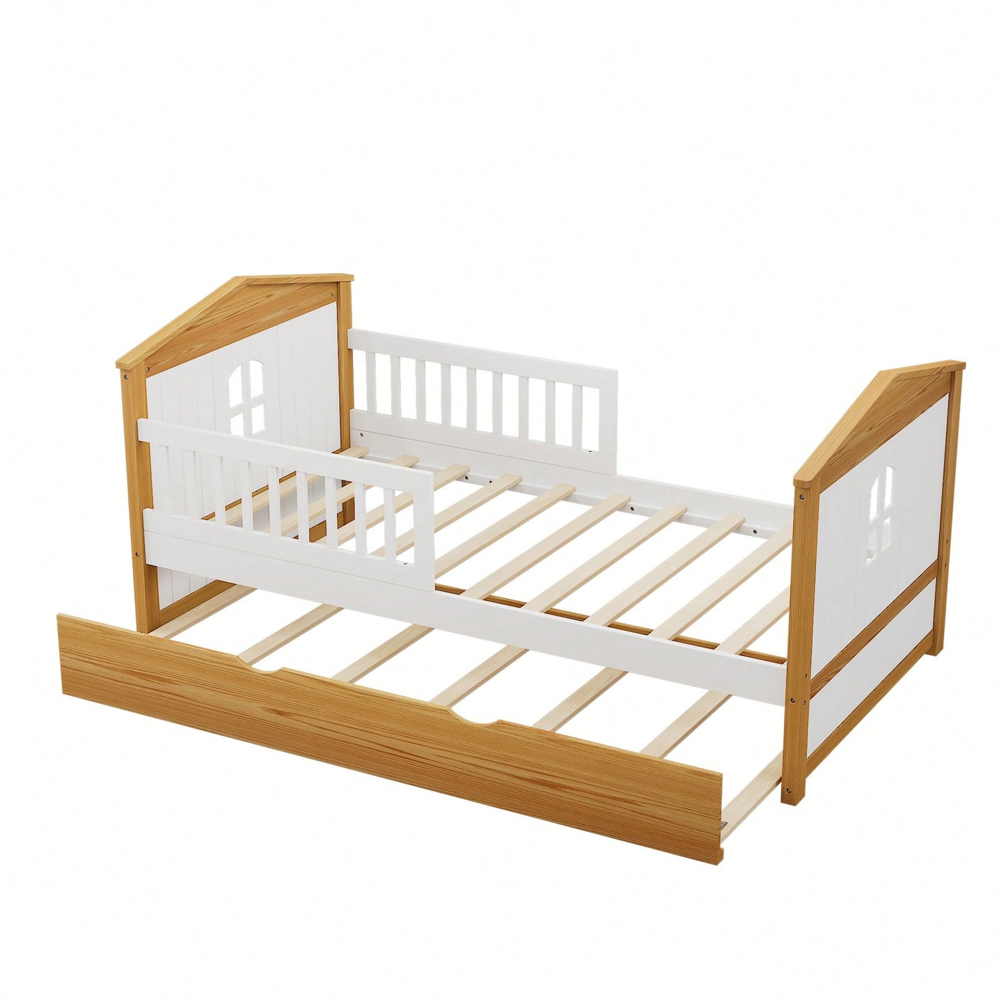 Twin House Shape Bed With Trundle And Safety Guardrails For Toddlers In Walnut And White Finish