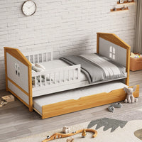 Twin House Shape Bed With Trundle And Safety Guardrails For Toddlers In Walnut And White Finish