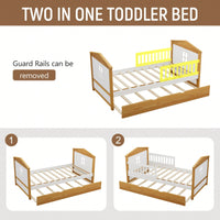 Twin House Shape Bed With Trundle And Safety Guardrails For Toddlers In Walnut And White Finish