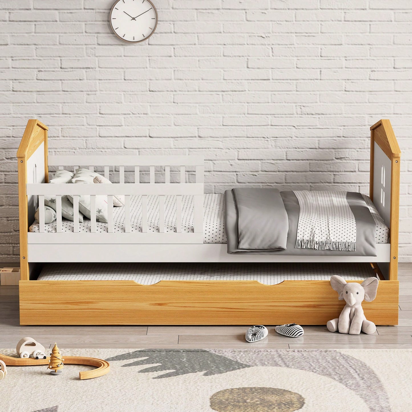 Twin House Shape Bed With Trundle And Safety Guardrails For Toddlers In Walnut And White Finish