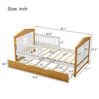 Twin House Shape Bed With Trundle And Safety Guardrails For Toddlers In Walnut And White Finish