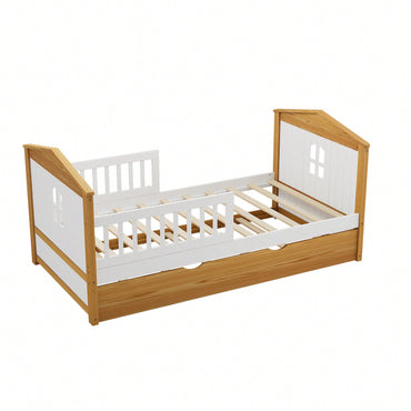 Twin House Shape Bed With Trundle And Safety Guardrails For Toddlers In Walnut And White Finish