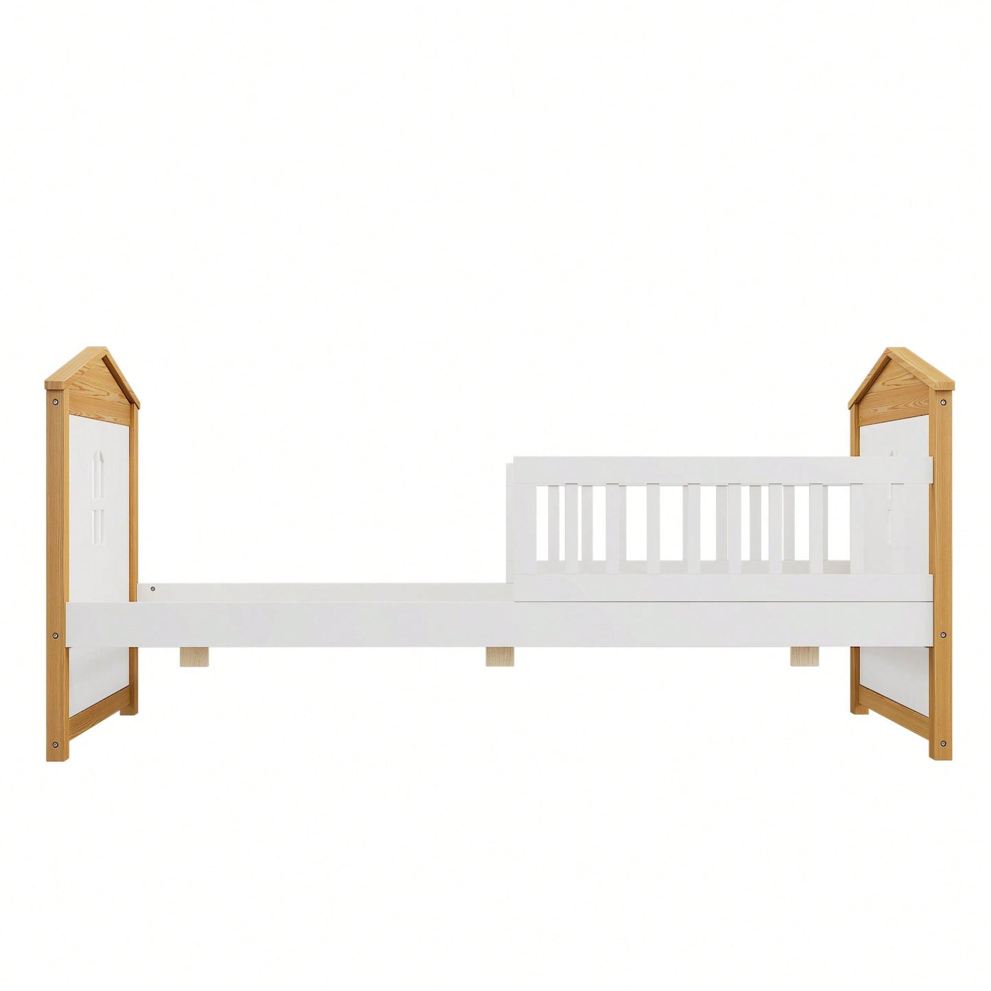 Twin House Shape Bed With Trundle And Safety Guardrails For Toddlers In Walnut And White Finish