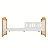 Twin House Shape Bed With Trundle And Safety Guardrails For Toddlers In Walnut And White Finish