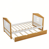 Twin House Shape Bed With Trundle And Safety Guardrails For Toddlers In Walnut And White Finish