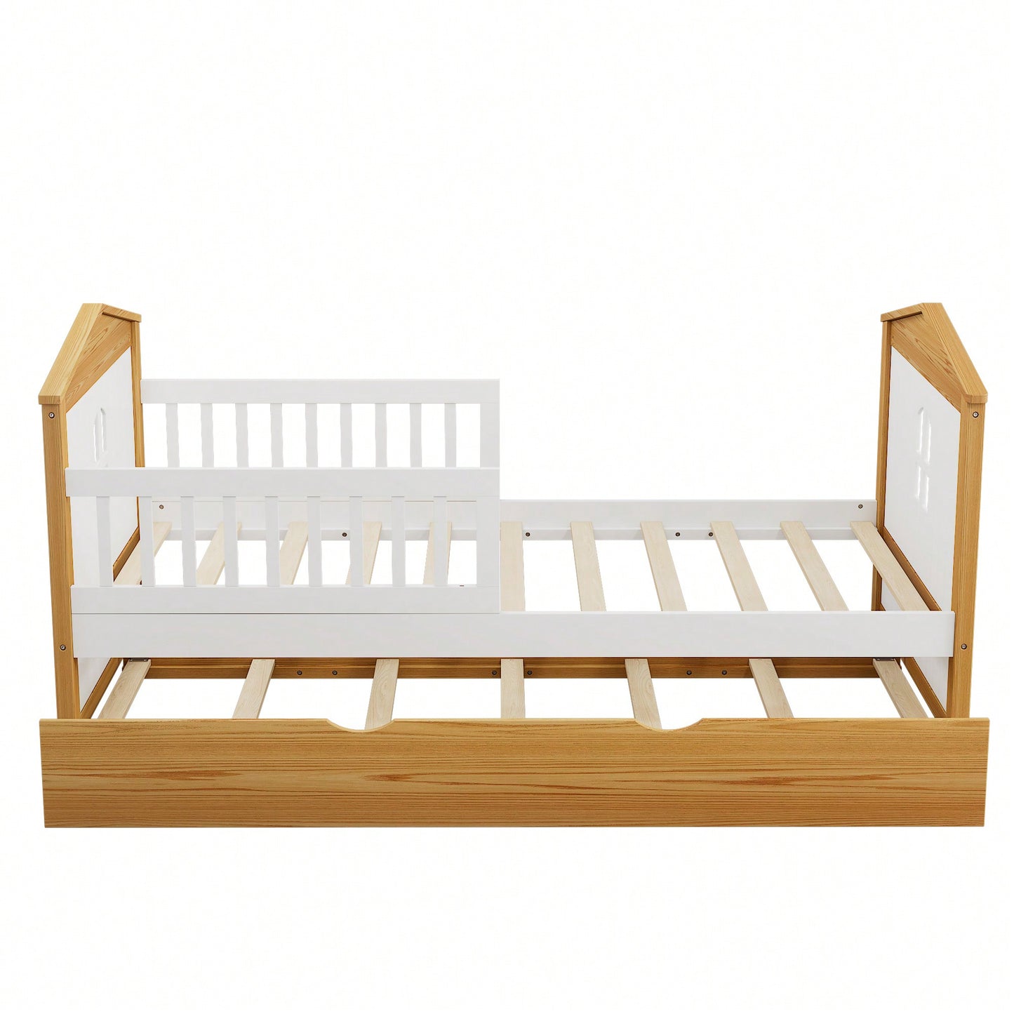 Twin House Shape Bed With Trundle And Safety Guardrails For Toddlers In Walnut And White Finish