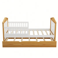 Twin House Shape Bed With Trundle And Safety Guardrails For Toddlers In Walnut And White Finish