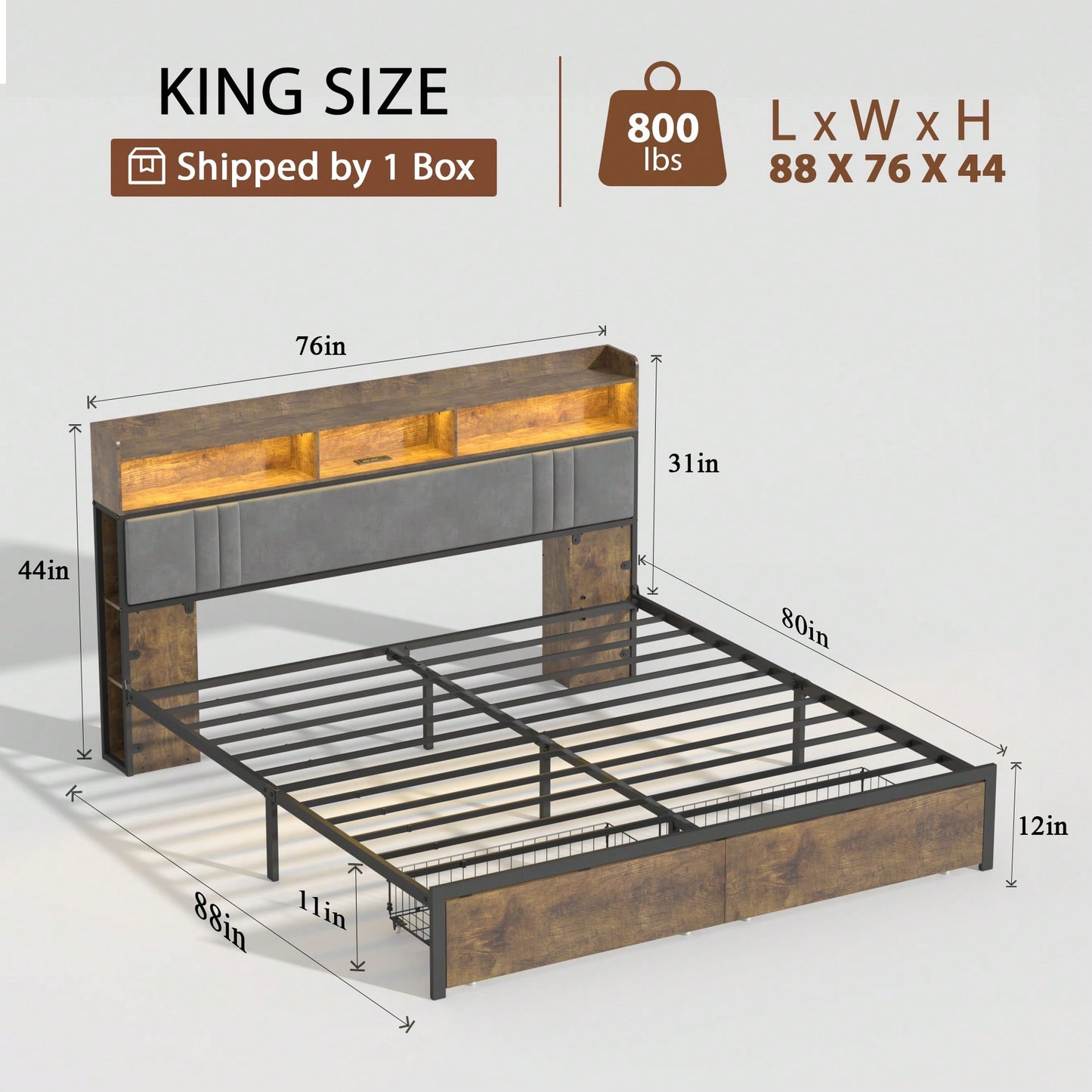 King Size Upholstered Bed Frame With Storage Headboard And Drawers, Charging Station And LED Light, Heavy Duty Noise-Free, Dark Brown