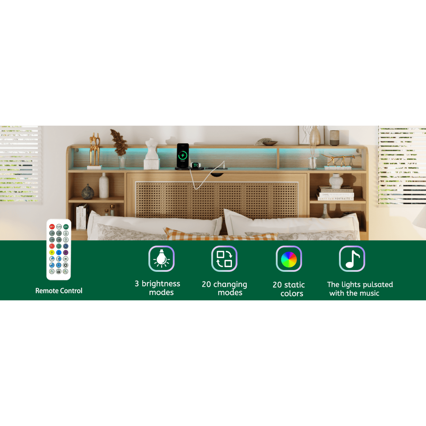 Queen Size Upholstered Bed Frame With Storage Headboard And Drawers, Charging Station, LED Light,  No Box Spring Needed, Noise Free