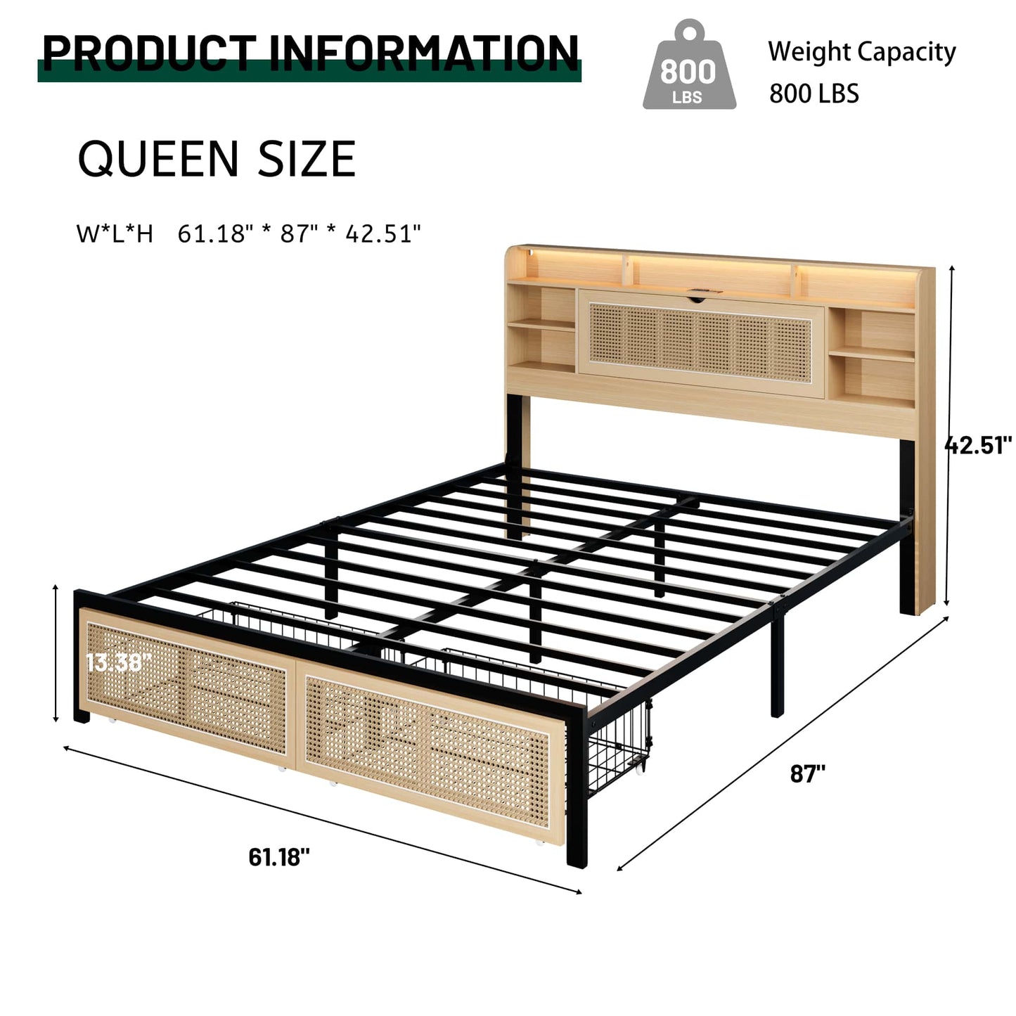 Queen Size Upholstered Bed Frame With Storage Headboard And Drawers, Charging Station, LED Light,  No Box Spring Needed, Noise Free