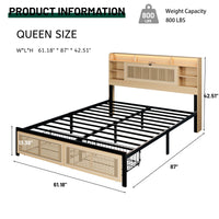 Queen Size Upholstered Bed Frame With Storage Headboard And Drawers, Charging Station, LED Light,  No Box Spring Needed, Noise Free