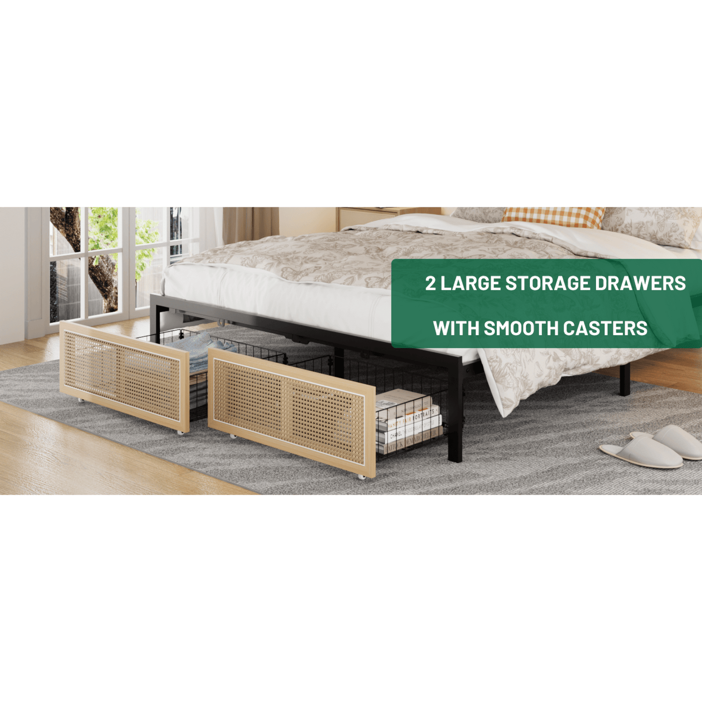 Queen Size Upholstered Bed Frame With Storage Headboard And Drawers, Charging Station, LED Light,  No Box Spring Needed, Noise Free