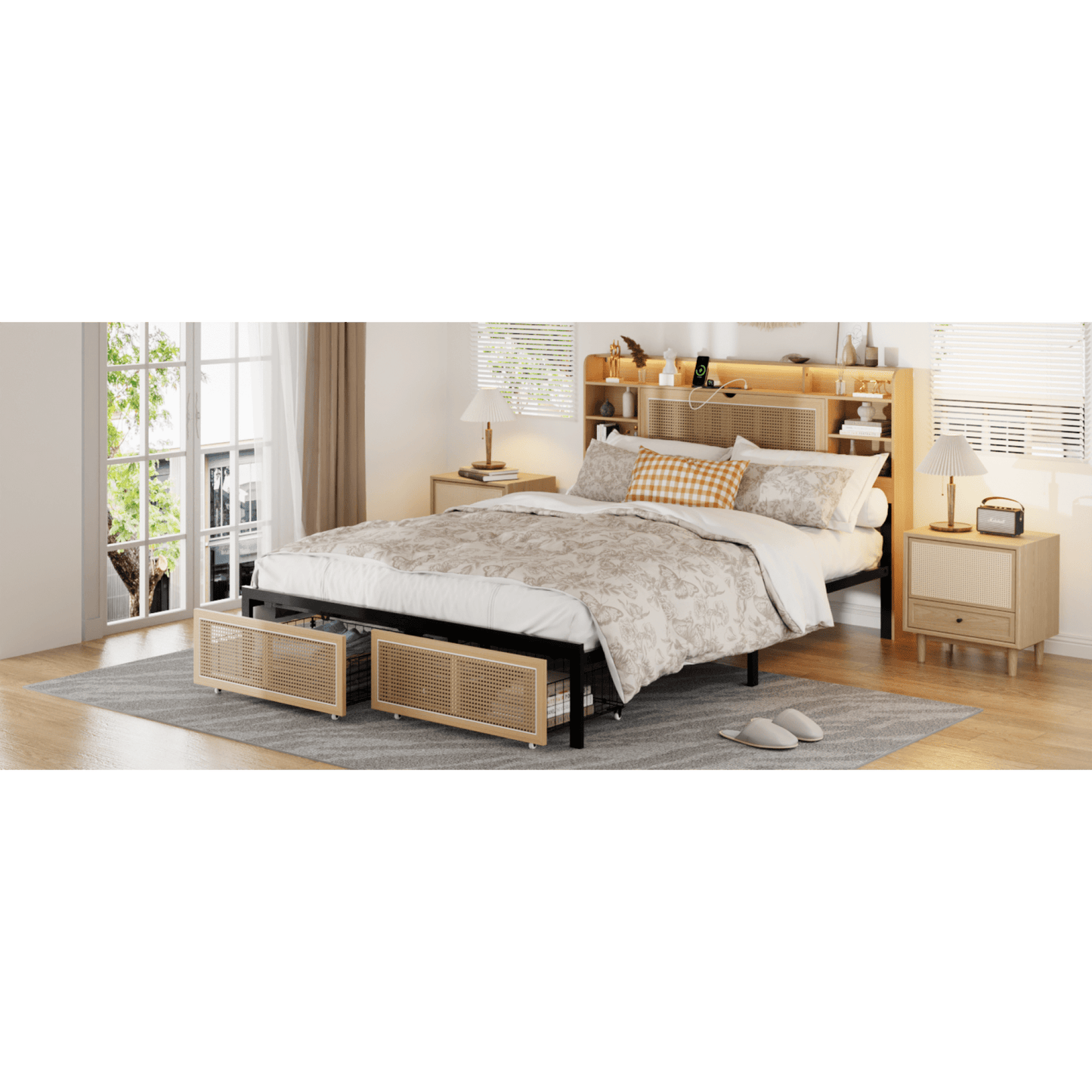 Queen Size Upholstered Bed Frame With Storage Headboard And Drawers, Charging Station, LED Light,  No Box Spring Needed, Noise Free