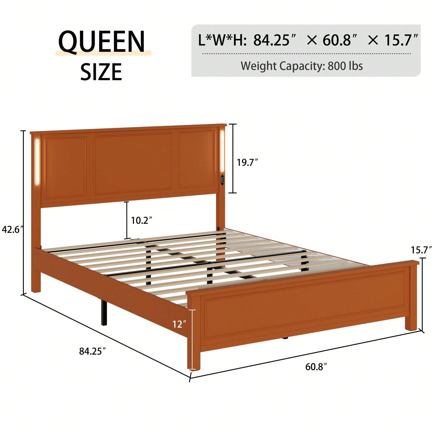 Queen Platform Bed Frame With Wood Headboard Footboard Charging Station LED Lights 12 Slats Support No Box Spring Needed Antique White