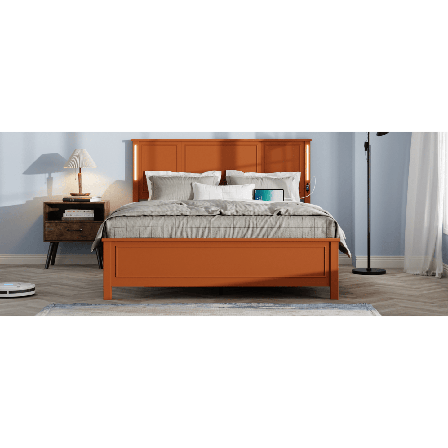 Queen Platform Bed Frame With Wood Headboard Footboard Charging Station LED Lights 12 Slats Support No Box Spring Needed Antique White