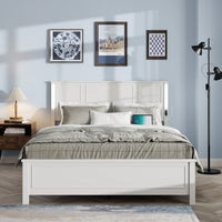 Queen Platform Bed Frame With Wood Headboard Footboard Charging Station LED Lights 12 Slats Support No Box Spring Needed Antique White