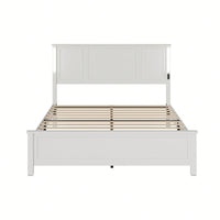 Queen Platform Bed Frame With Wood Headboard Footboard Charging Station LED Lights 12 Slats Support No Box Spring Needed Antique White