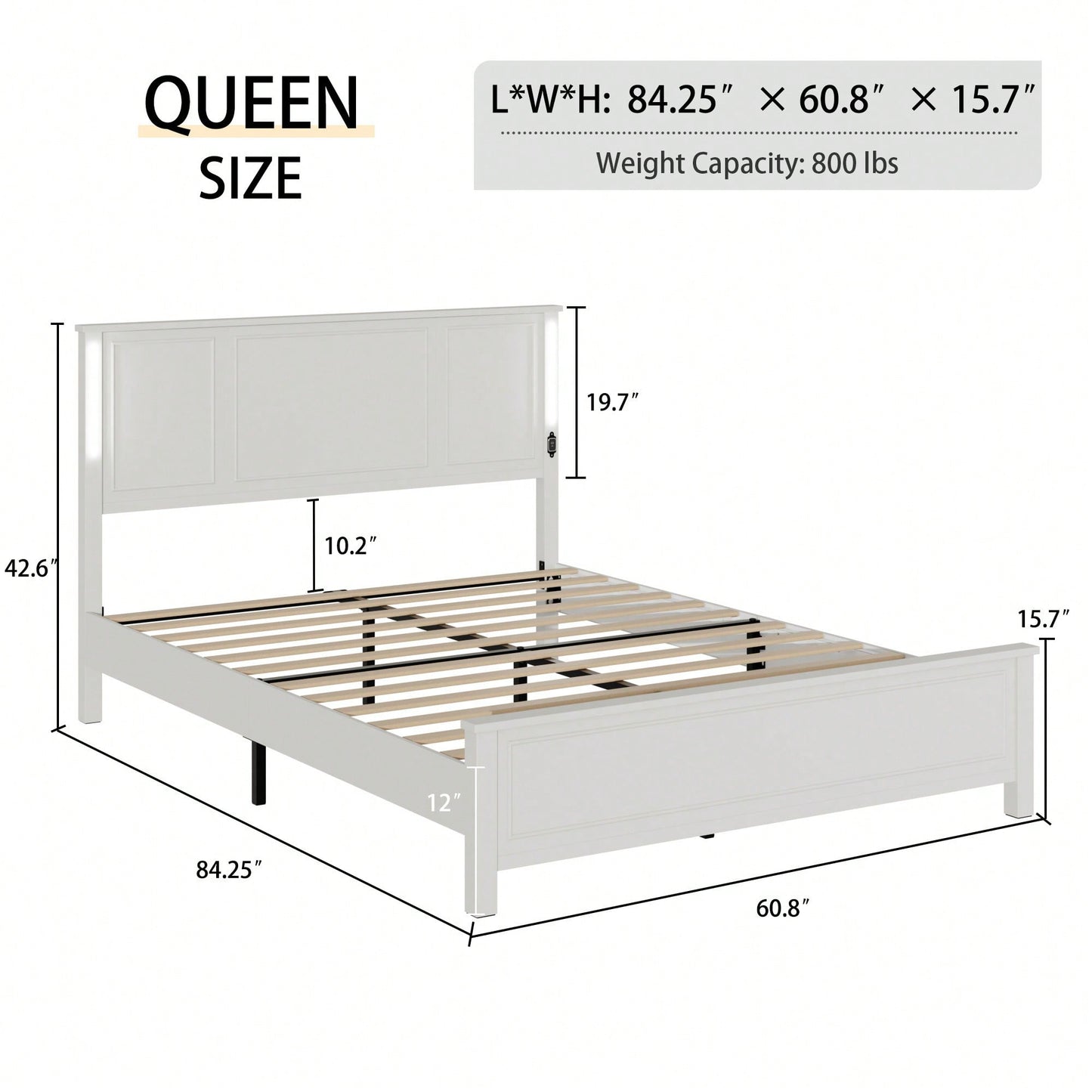 Queen Platform Bed Frame With Wood Headboard Footboard Charging Station LED Lights 12 Slats Support No Box Spring Needed Antique White