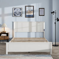 Queen Platform Bed Frame With Wood Headboard Footboard Charging Station LED Lights 12 Slats Support No Box Spring Needed Antique White