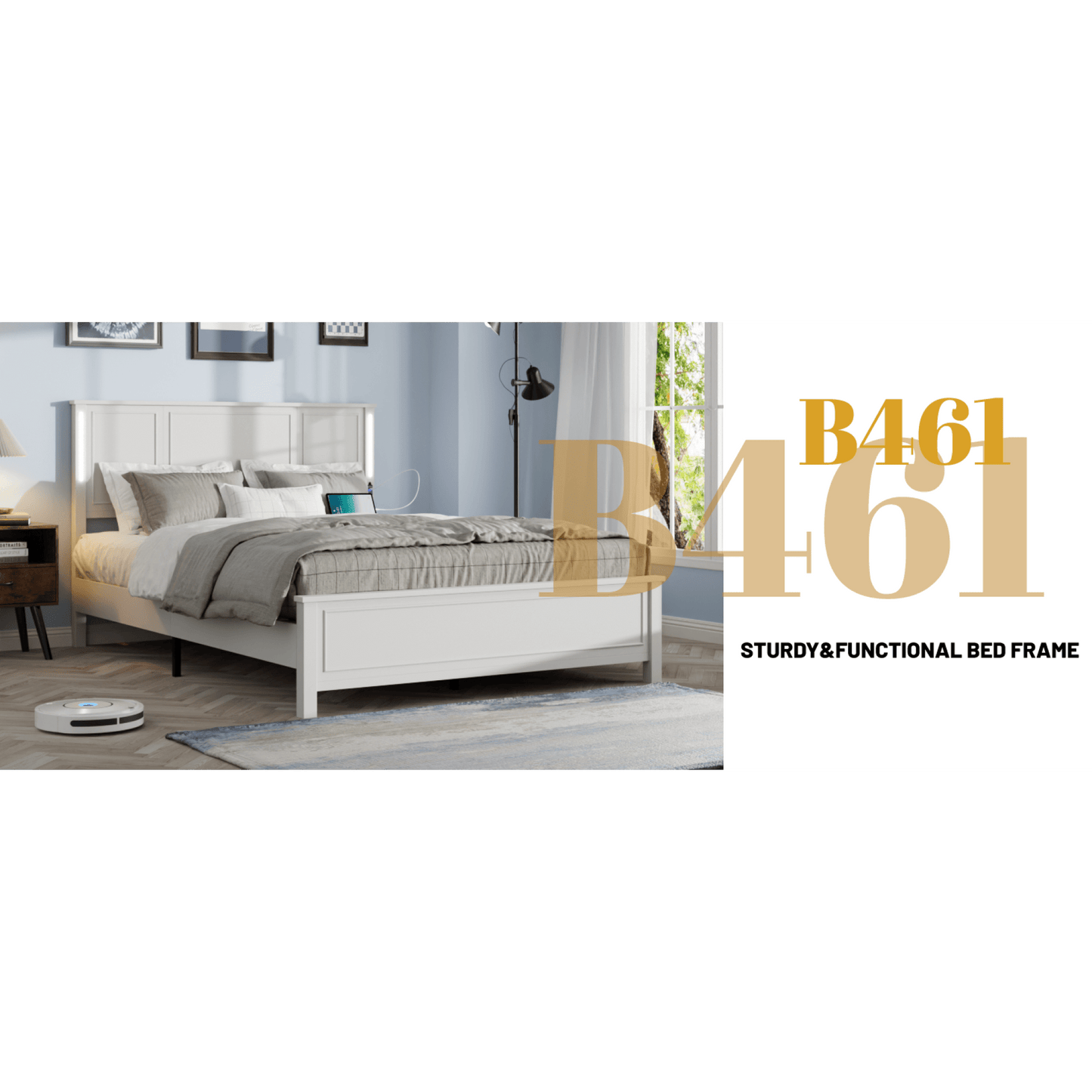 Queen Platform Bed Frame With Wood Headboard Footboard Charging Station LED Lights 12 Slats Support No Box Spring Needed Antique White