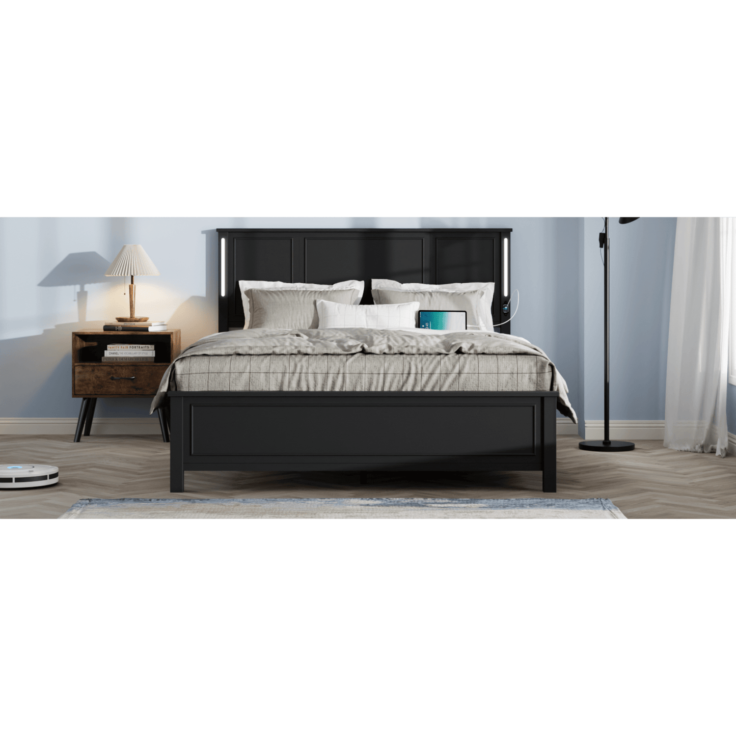 Queen Platform Bed Frame With Wood Headboard Footboard Charging Station LED Lights 12 Slats Support No Box Spring Needed Antique White