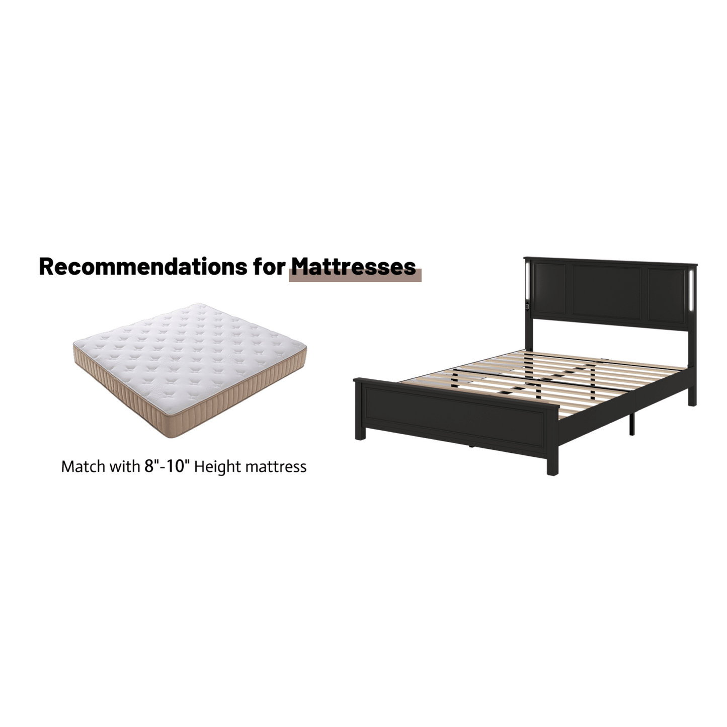 Queen Platform Bed Frame With Wood Headboard Footboard Charging Station LED Lights 12 Slats Support No Box Spring Needed Antique White