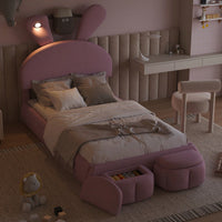 Twin Size Upholstered Platform Bed With Cartoon Ears Headboard And Built-In Light Beige