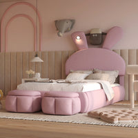 Twin Size Upholstered Platform Bed With Cartoon Ears Headboard And Built-In Light Beige